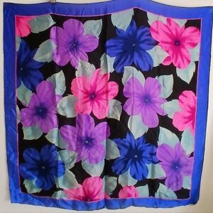 Vintage Echo Womens Blue Floral Scarf 100% Silk Square  Made In Japan